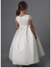 Short Sleeves Beaded Satin Wedding Flower Girl Dress